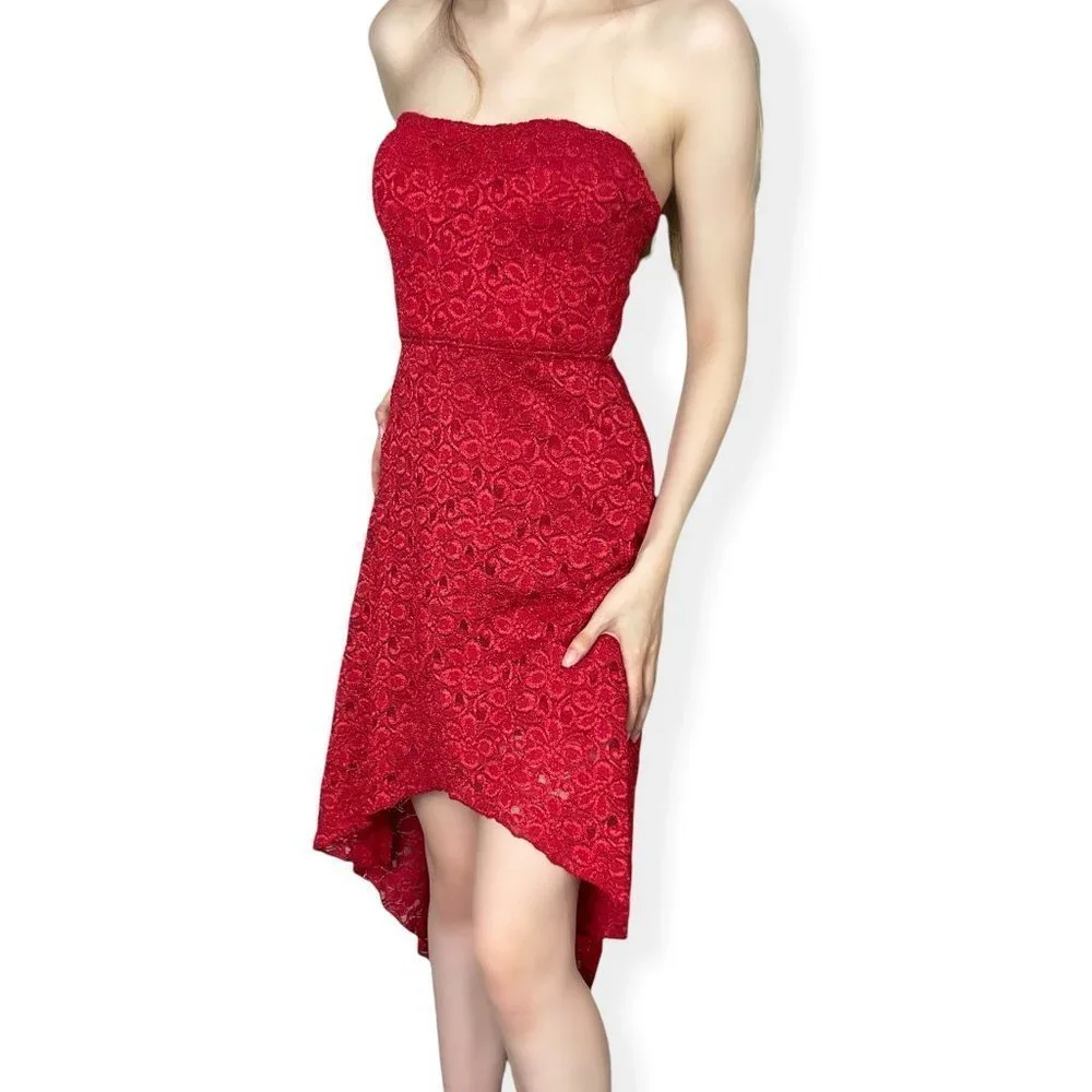 3/$30 ⭐️ 90s Sparkly Lace Red High Low Strapless Dress Open Back - Picture 2 of 6